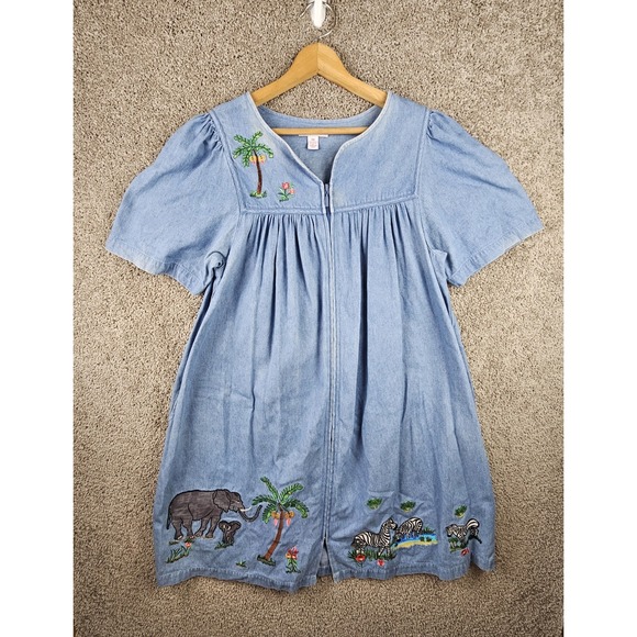Vintage Go Softly Patio Denim Safari Zebras Elephant Dress Womens Petite Medium - Picture 1 of 16